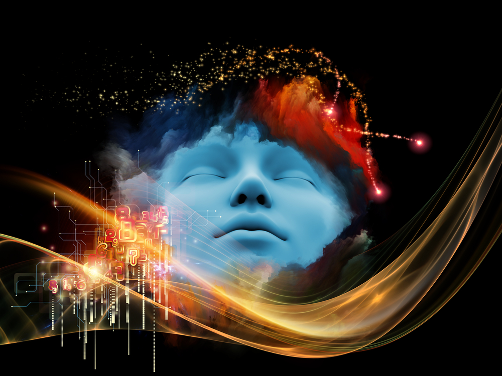 Face with colorful fractal designs.