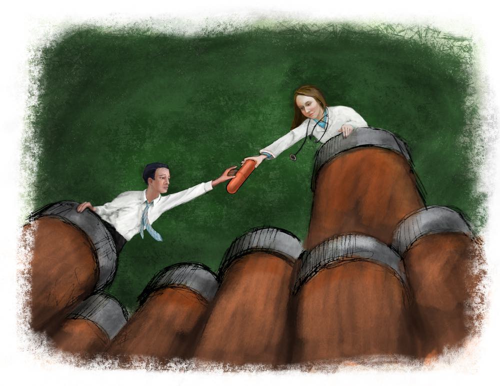 A doctor holding out a pill to a man climbing pill bottles (cartoon)