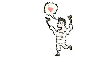A cartoon of a man in a straightjacket with a heart in a speech bubble