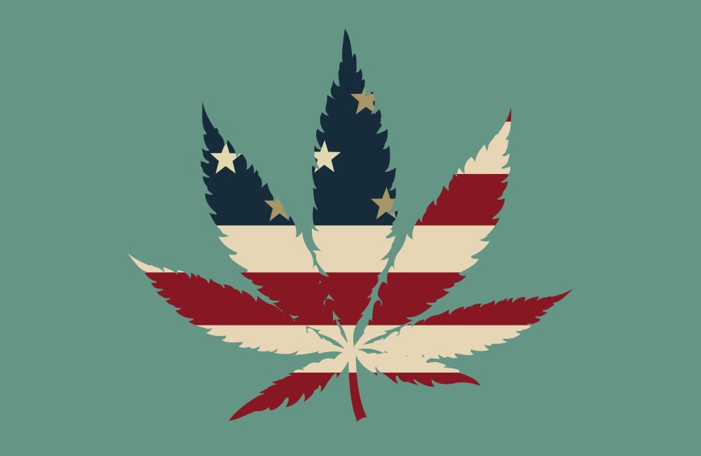 A marijuana leaf filled in with the American flag.