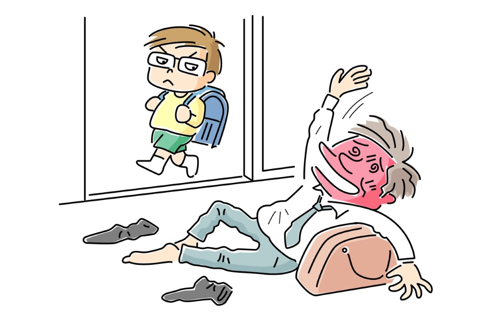 A cartoon of an angry kid walking by a seemingly drunk adult.