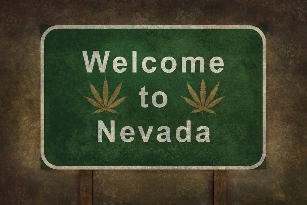 Welcome To Nevada sign featuring weed insignia.
