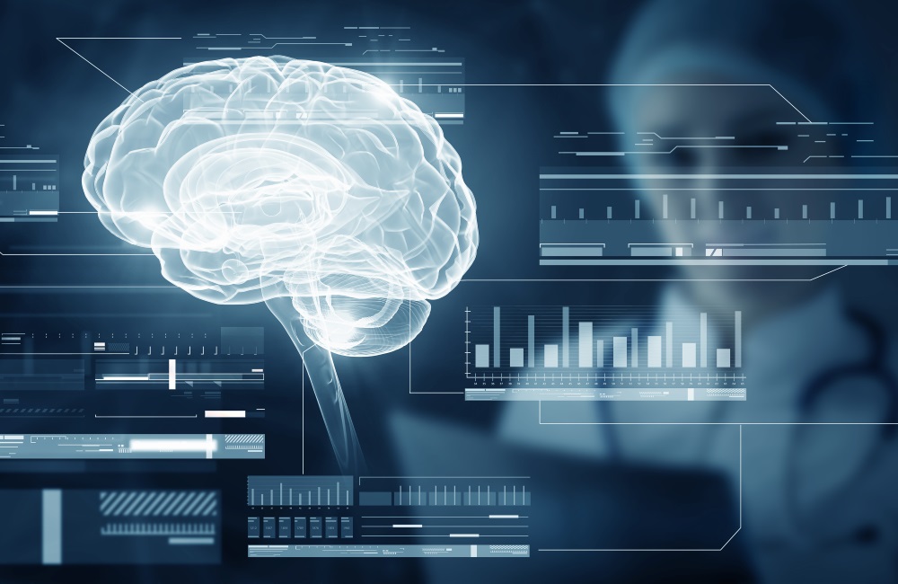 An image of a brain on a dark screen with other writing, a blurry reflection of a face.