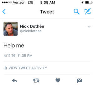 an image of a tweet from Nick Dothee saying "Help Me"