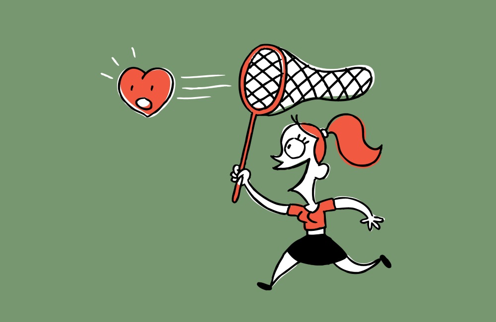 A cartoon of a girl chasing a heart with a butterfly catcher