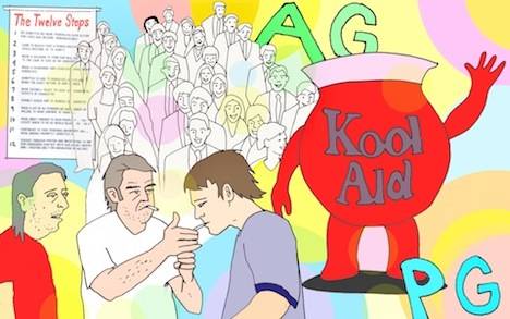 A drawing of people milling around with 12-step posters on the wall and the initials AG and PG. A big Kool-Aid pitcher is waving.