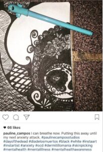 A screenshot from an instagram image of a black and white intricate drawing, tags listed below.