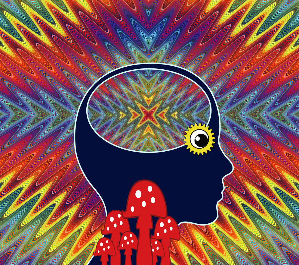 A colorful illustration of a person tripping on mushrooms.