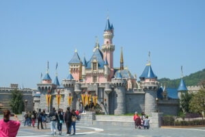 outside of The magic kingdom in Hong Kong Disneyland