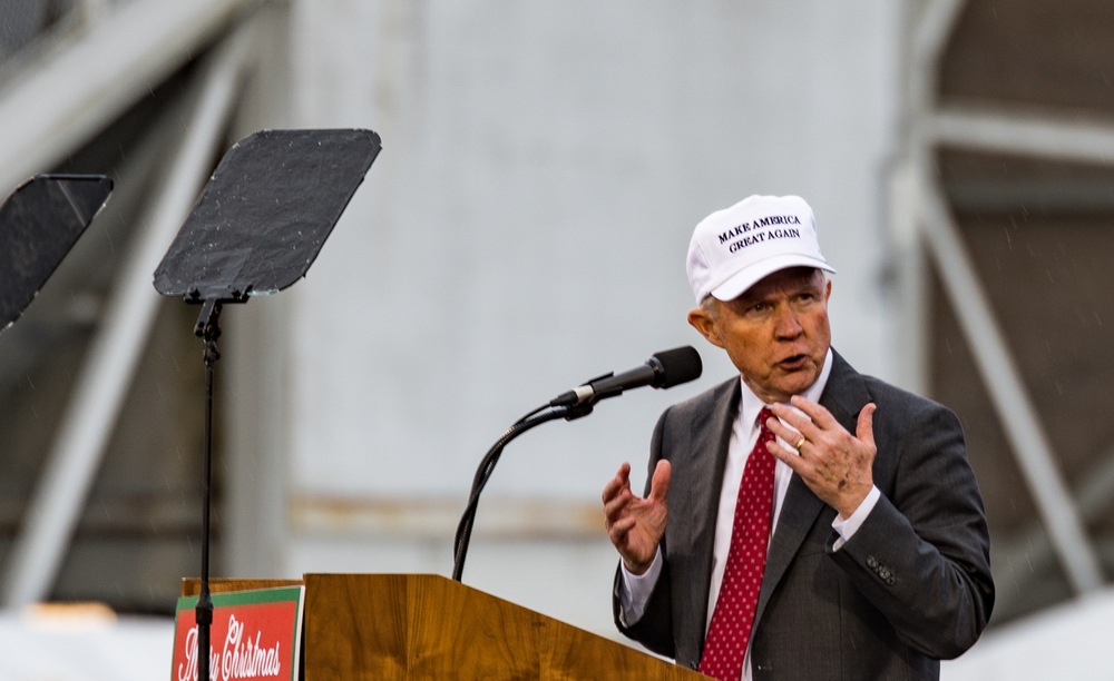 Alabama Senator and incoming US Attorney General Jeff Sessions speaks to the crowd with US President-elect Donald J. Trump at Ladd-Peebles Stadium.
