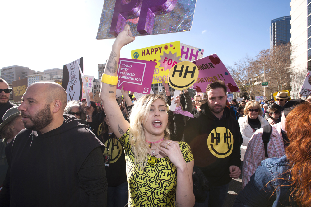 Miley Cyrus protesting at the Women's March on January 21, 2017 in downtown Los Angeles, California.