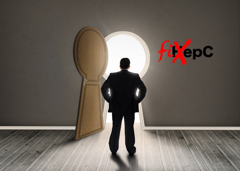 Fix Hep C Man standing at keyshaped doorway with back to camera