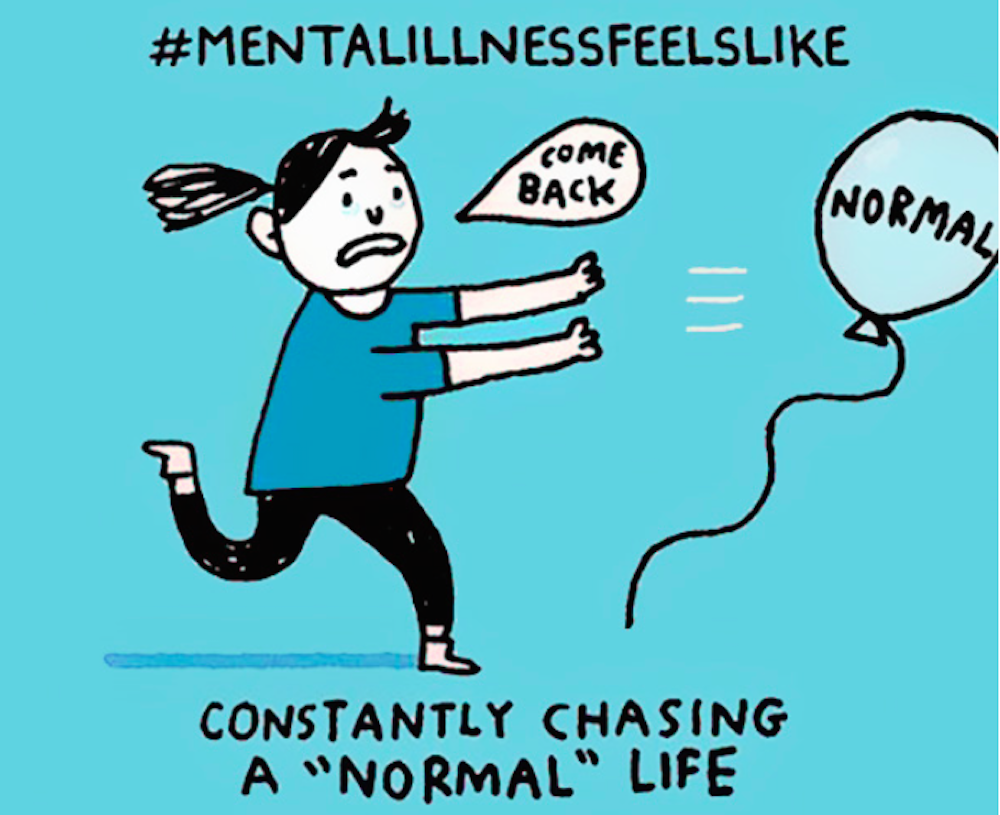 Cartoon of a girl chasing a balloon that says normal.