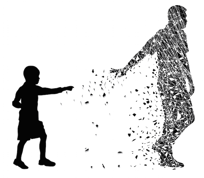 Illustration of father falling to pieces as child reaches after him.