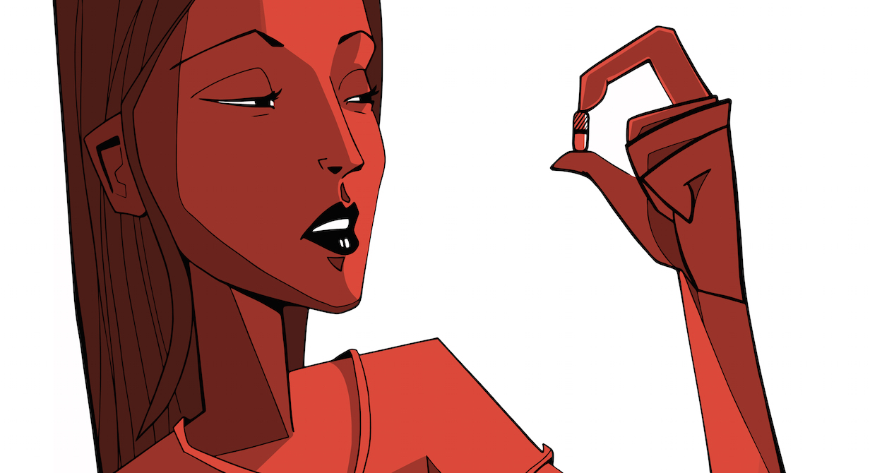 illustration of a woman contemplating a capsule.