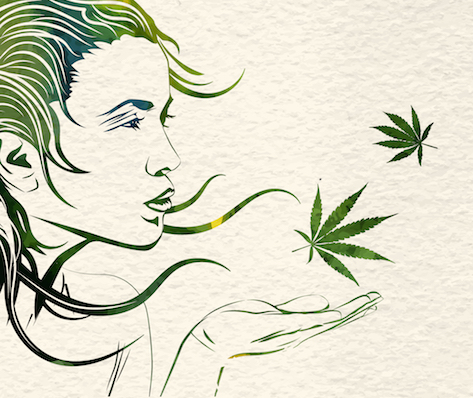 A drawing of someone blowing marijuana leaves away from her hand.