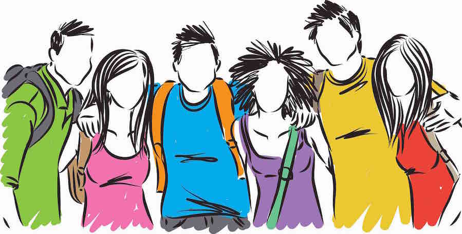 Drawing of teen students with blank faces, linked arms