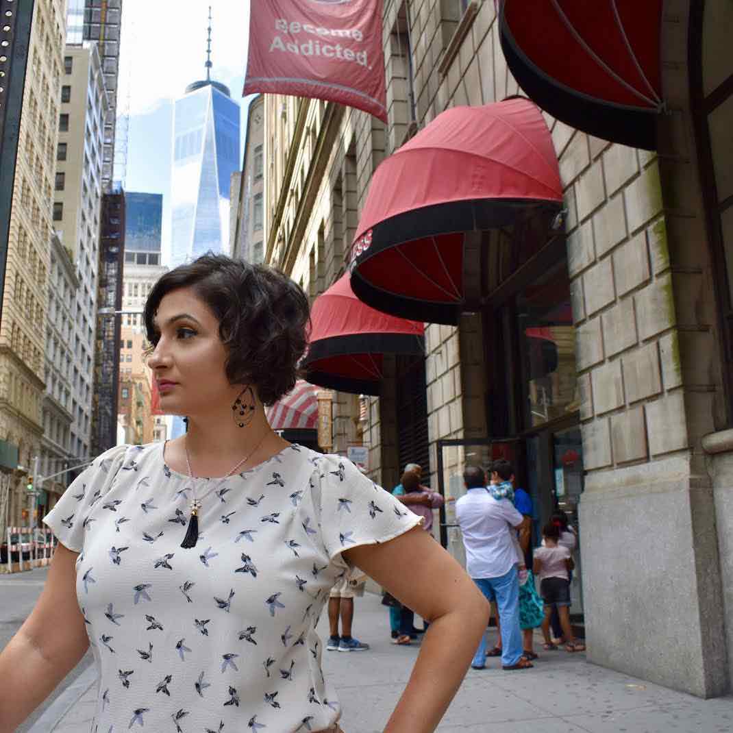 Helaina Hovitz in her neighborhood, in front of the WTC