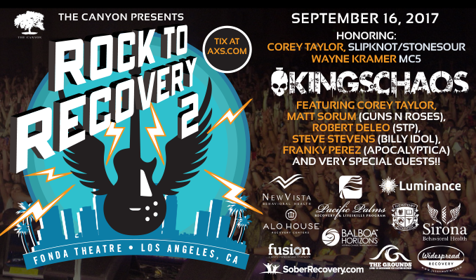 Rock 2 Recovery's artists poster, featuring the Kings of Chaos which includes band members from Guns n Roses, Billy Idol.