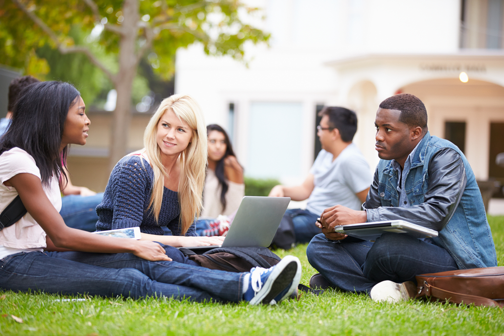 a group of students hanging out on the university lawn.