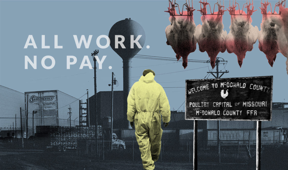 A man in a yellow work suit walks towards a factory, dead chickens hang from above, text reads: All Work No Pay.