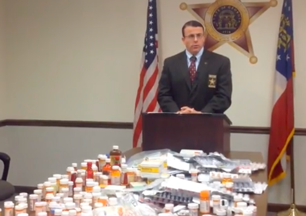 Muscogee County Sheriff John Darr introducing the haul from Prescription Drug Take-Back Day in 2014.