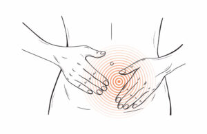 a drawing of hands over abdomen with red circles radiating out, signifying pain.