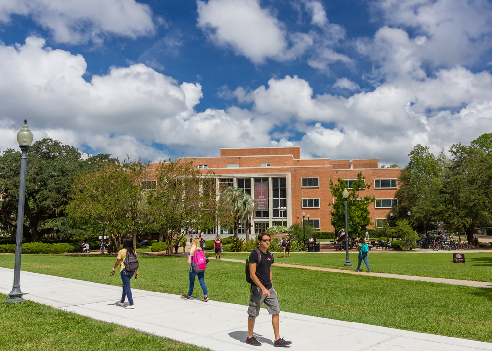 students walking past Robert Manning Strozier Library at Florida State University