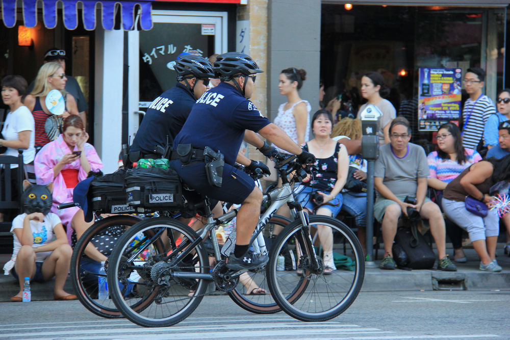 Los Angeles police officers on bicycles.