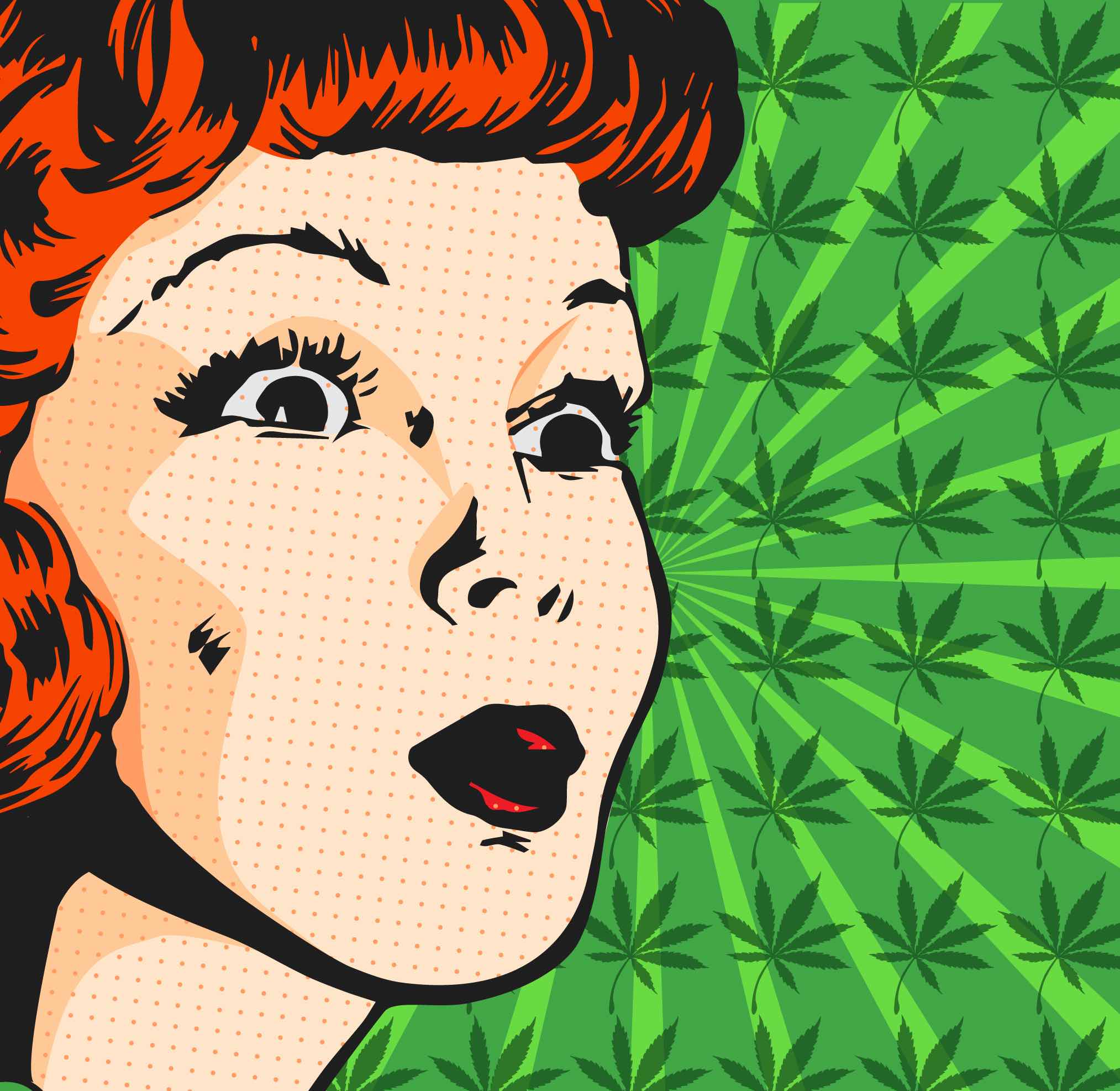 A cartoon of a woman's face in front of marijuana leaves wallpaper