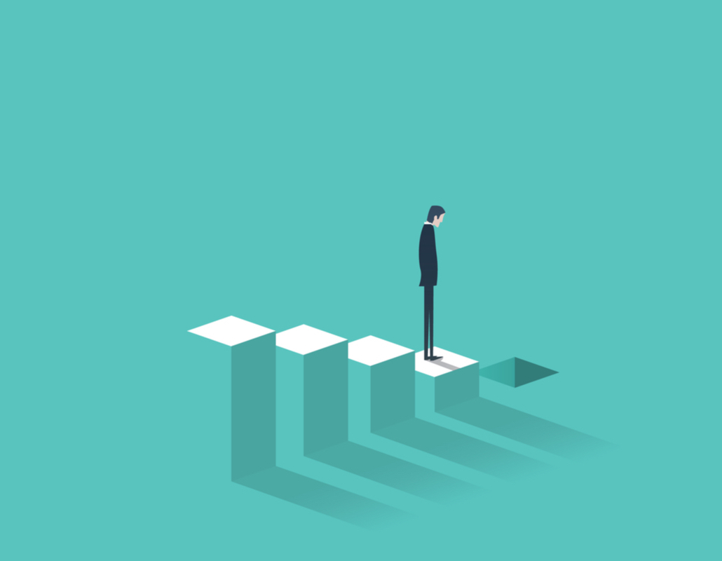 Illustration of businessman on steps leading to decline