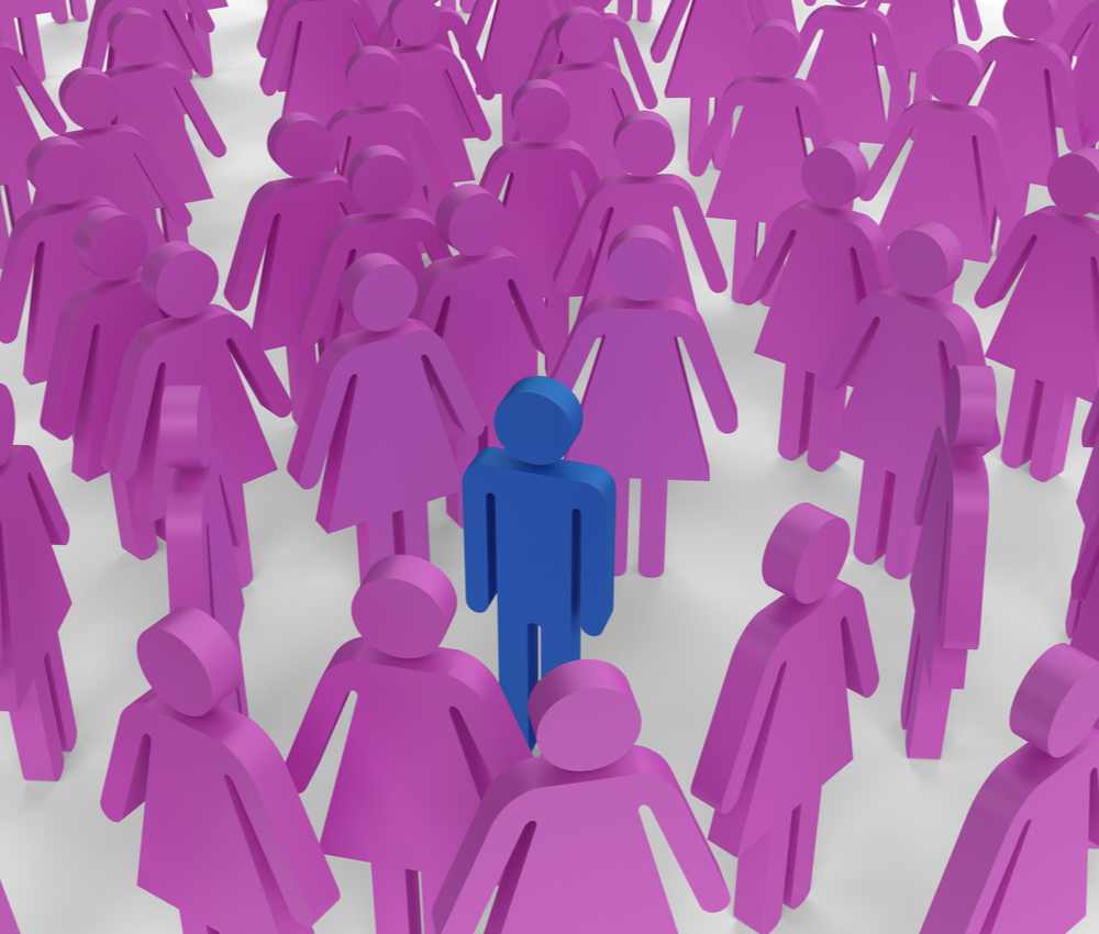 Single male figure surrounded by female figures