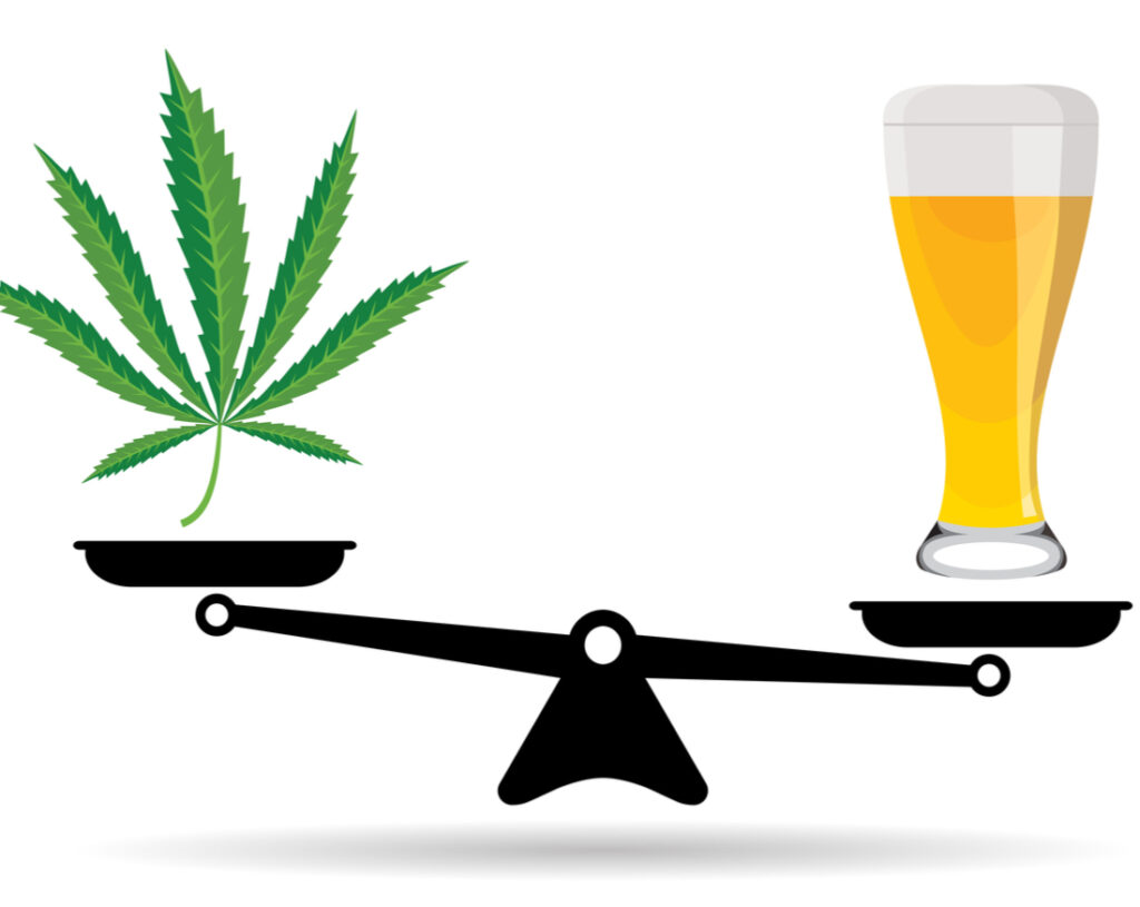 an illustrated marijuana leaf and glass of beer being weighed on a scale