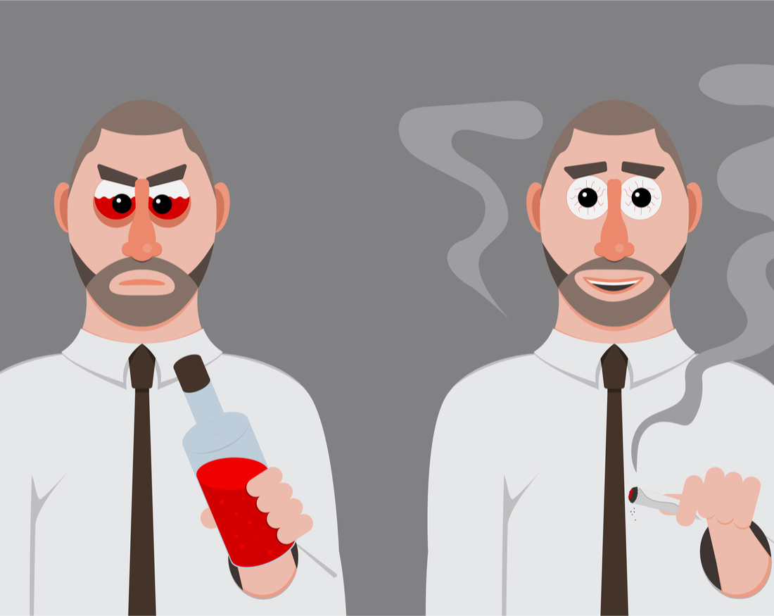 illustration of a man drinking alcohol and another smoking marijuana
