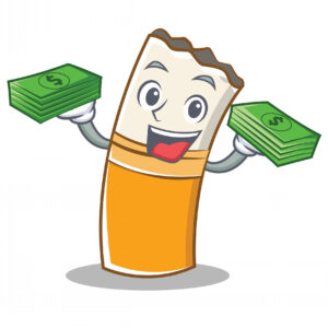 Cartoon cigarette butt smiling and holding money.