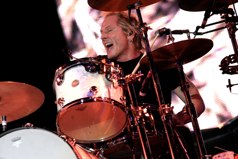 Matt Sorum of Guns N' Roses drumming.