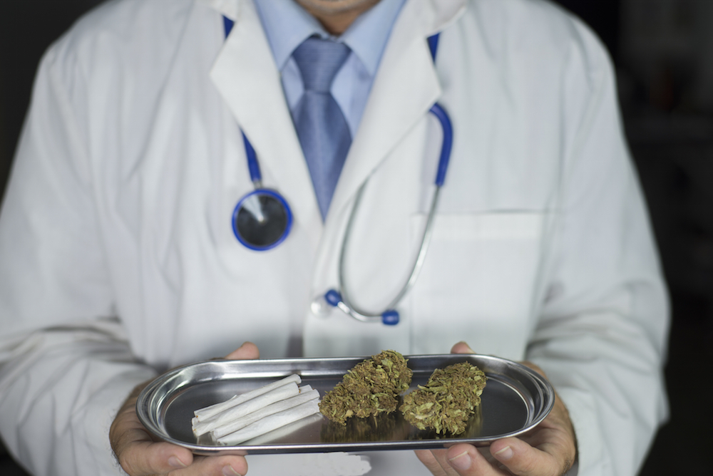 doctor holding a tray of medical marijuana