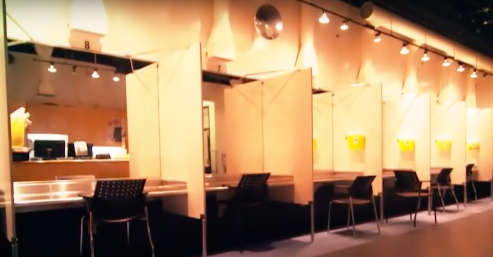 Cubicles in a safe consumption room in Vancouver, Canada