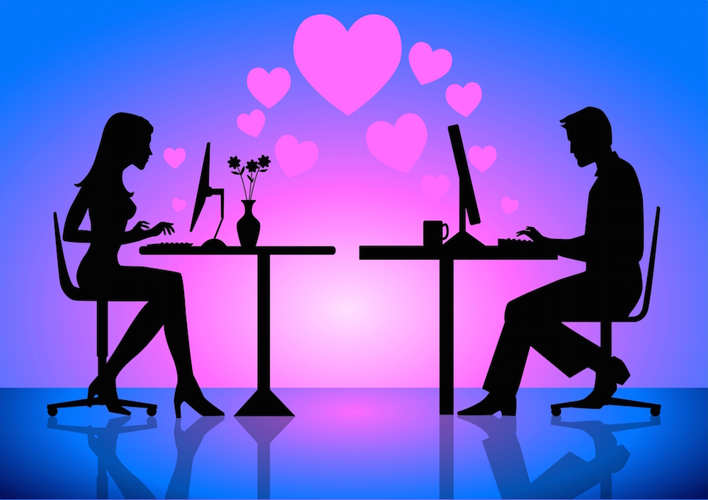 an illustration of a man and woman looking for love on the internet