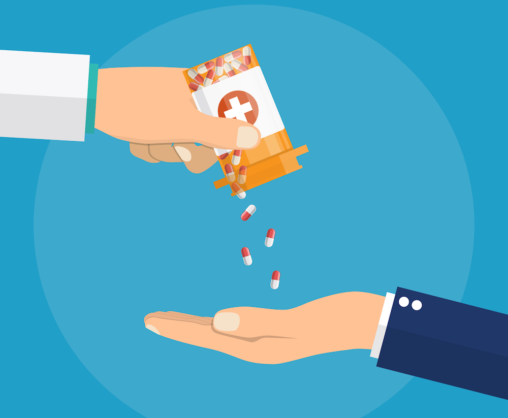 illustration of pharmacist giving pills to patient