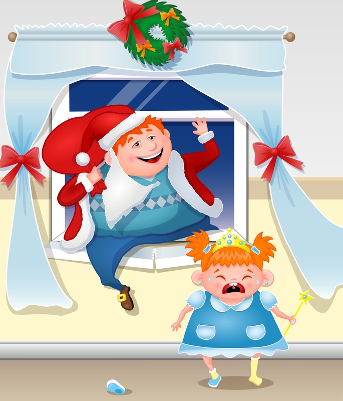 Illustration: Dad comes through window dressed as Santa, beard coming off. Little girl is crying.