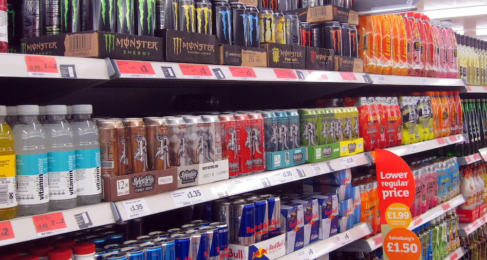 energy drinks in a grocery store aisle
