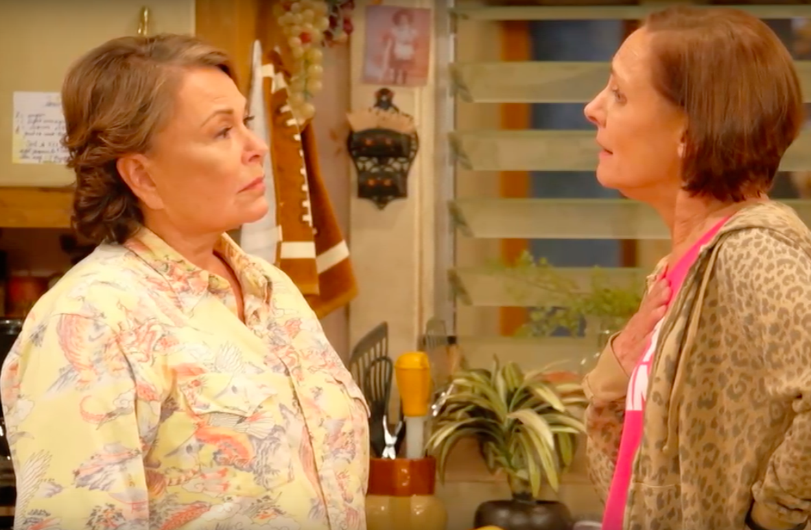 Roseanne Barr and Laurie Metcalf in a scene from "Roseanne"