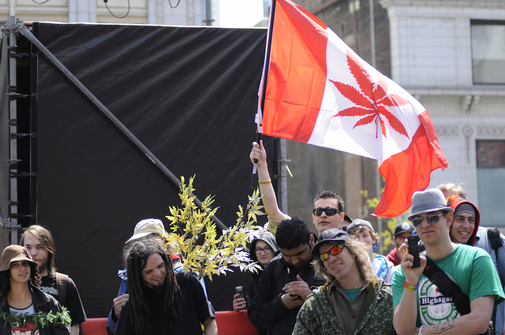 Pro-cannabis protestors waving Canadian flag with marijuana leaf