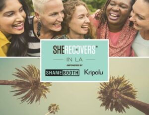 She Recovers postcard with smiling women gathered and a shot of palm trees.