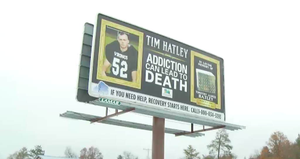 The awareness-raising billboard spotlights the story of Tim Hatley who battled addiction.