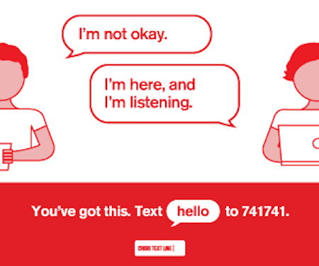 Cartoon from Crisis Text Line: volunteer helping a person who is not okay, and "text hello to 741741"