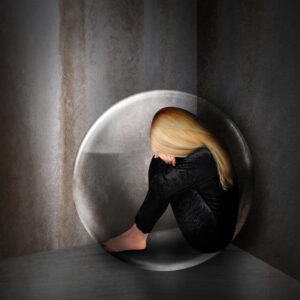 Sad woman in a bubble