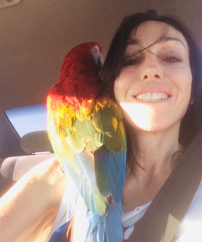 Heidi with macaw on shoulder.