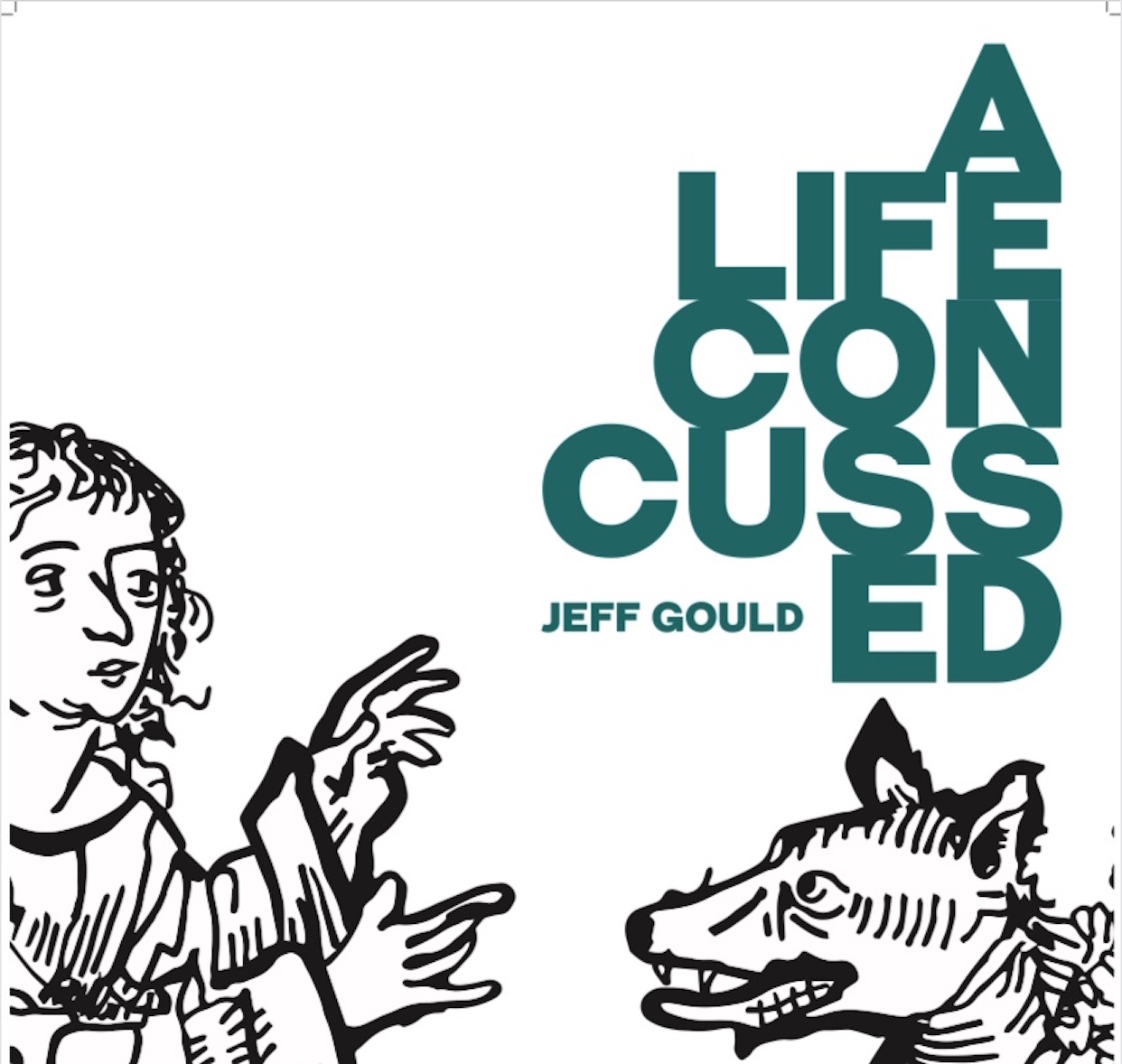 Sketch of person and dog with title and author text